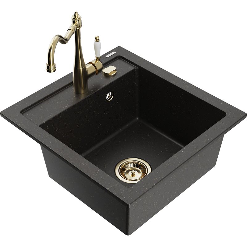 Zlewozmywak granitowy 1-komorowy Mexen Vito z baterią kuchenną Carla czarny/złoty metalik 6503-75-670700-50