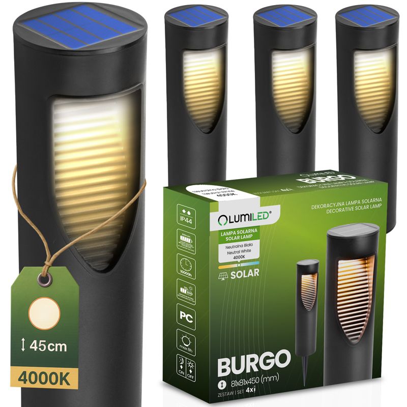 Lampa Solarna Lumiled Ogrodowa LED Wbijana Słupek 34cm BURGO 4000K IP44 4 szt.