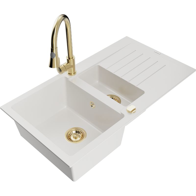 Zlewozmywak granitowy 1.5-komorowy Mexen Matias z ociekaczem i baterią kuchenną Elia biały 6502-20-670101-50