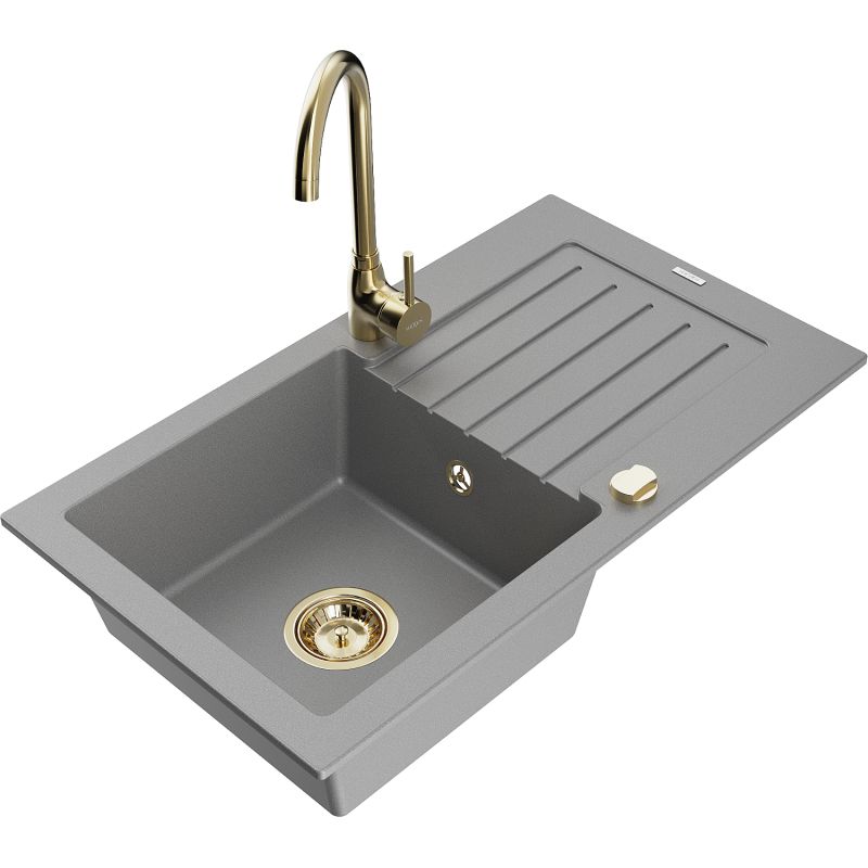 Zlewozmywak granitowy 1-komorowy Mexen Pablo z ociekaczem i baterią kuchenną Telma szary 6510-71-670200-50