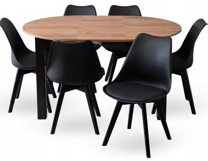 Zestaw Stół i 6 Krzeseł Mebel Elite Harry 102-142 cm Dąb Craft/Czarny i Scandi Czarne 1 kpl