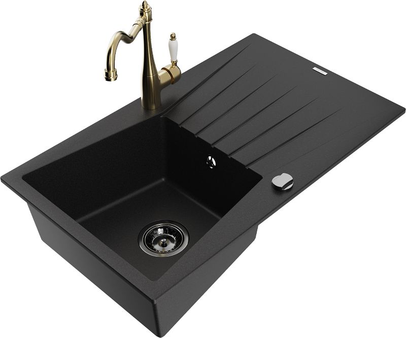 Zlewozmywak granitowy Mexen Cesar 1-komorowy z ociekaczem i baterią kuchenną Carla czarny - 6514-77-670700-70-B 1 szt.