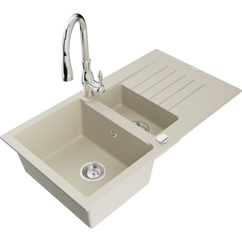 Zlewozmywak granitowy 1.5-komorowy Mexen Matias z ociekaczem i baterią kuchenną Savita beżowy - 6502-69-672601-70 1 szt.