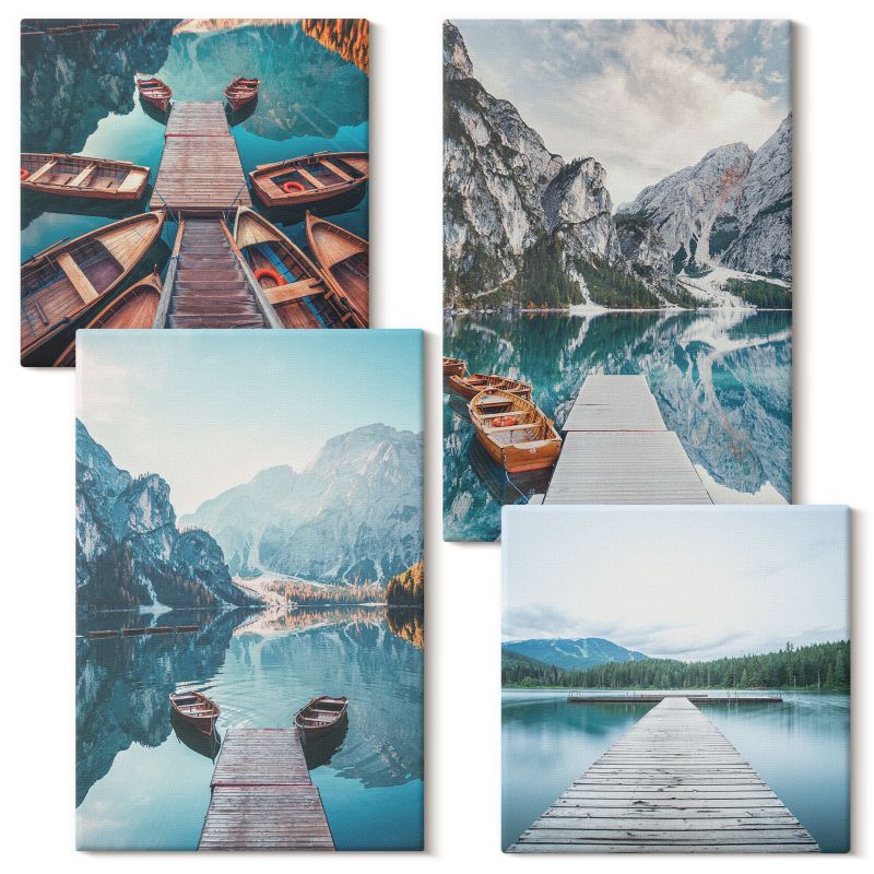 Zestaw Sztuki Na Płótnie Wallfluent Jezioro pomosty łodzie spokój 4 szt.