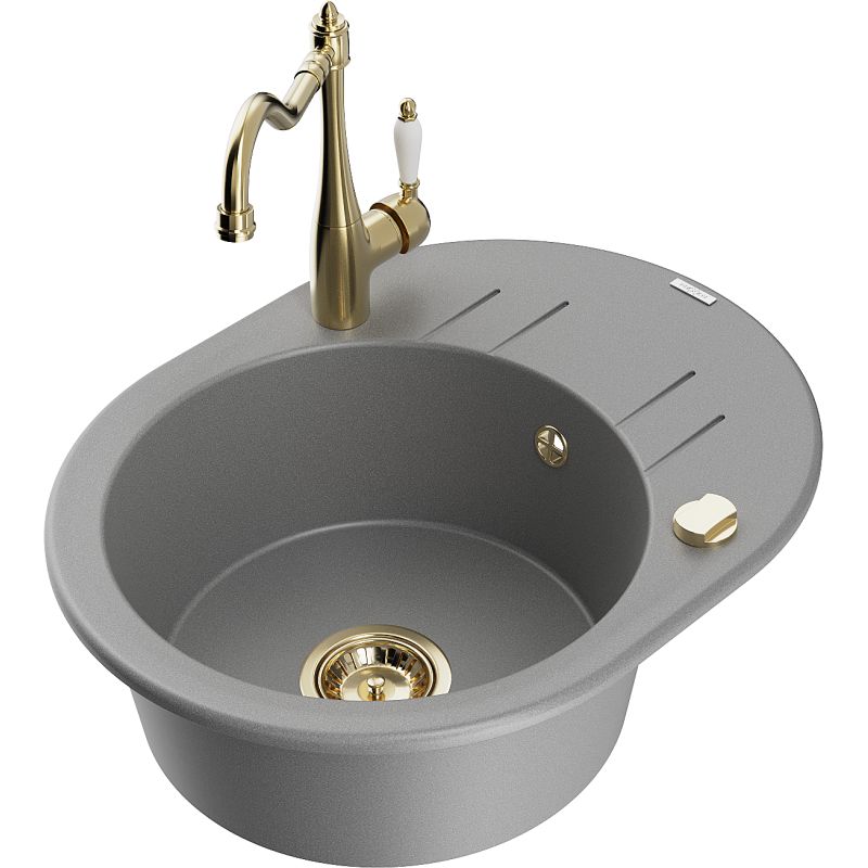 Zlewozmywak granitowy 1-komorowy Mexen Kevin z ociekaczem i baterią kuchenną Carla szary 6517-71-670700-50