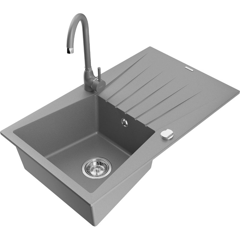 Zlewozmywak granitowy 1-komorowy Mexen Cesar z ociekaczem i baterią kuchenną Telma szary - 6514-71-670200-70 1 szt.