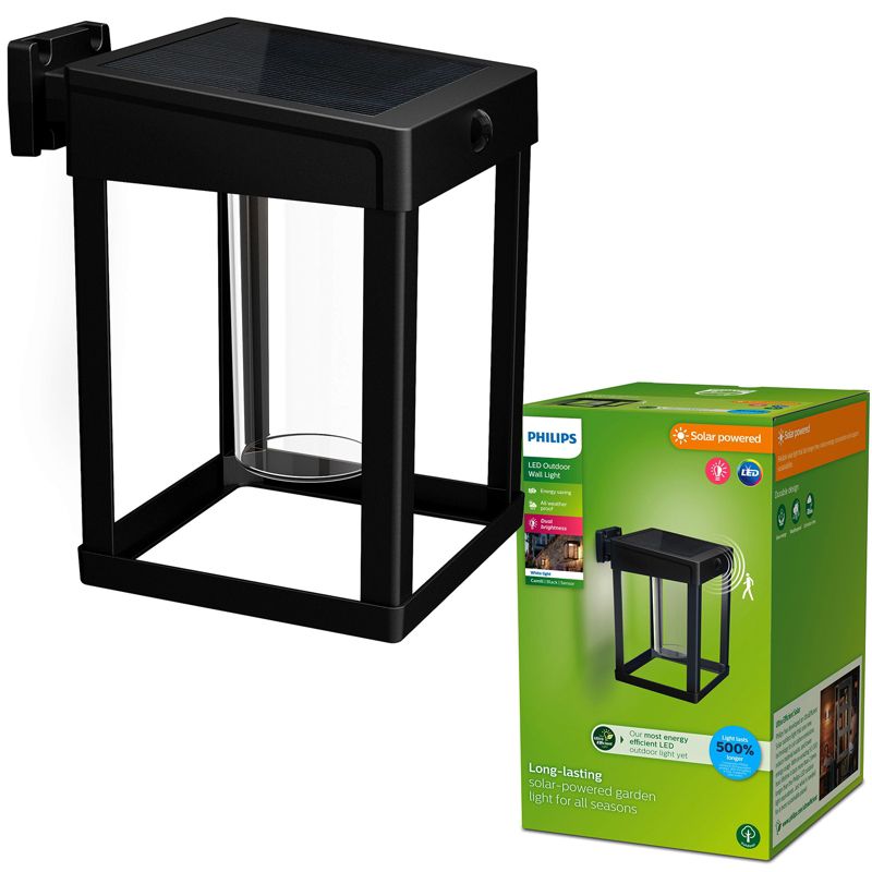 Kinkiet Ogrodowy Philips Lampa Solarna Elewacyjna Zewnętrzna LED 1.4W 250lm 3000K z Czujnikiem Ruchu i Zmierzchu Czarna 1 szt.