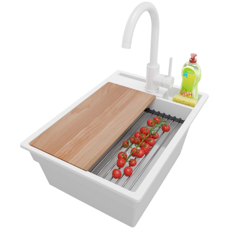 Zlewozmywak Granitowy Oslo Pocket PRIMAGRAN Nablatowy 38x53cm do szafki od 40cm z Syfonem i Baterią i Dodatkiem Cały Biały 1 szt.