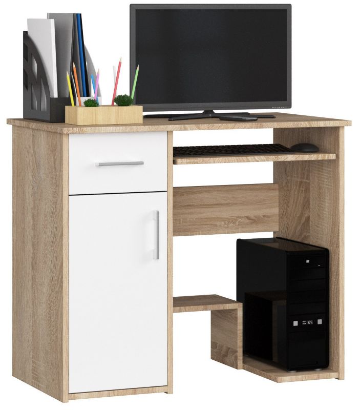 Biurko komputerowe Akord Jay Dąb Sonoma 90 cm 1 drzwi 1 szuflada kolor Biały mat 3 półki 90x50x74 cm 1 szt.