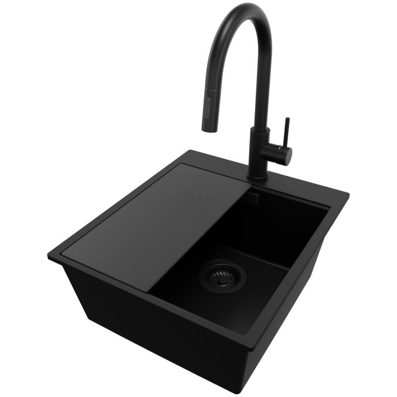 Zlewozmywak Granitowy Oslo PRIMAGRAN Nablatowy 43x50cm do szafki od 45cm, Cały Czarny + Bateria + Syfon + Deska, 1 szt.