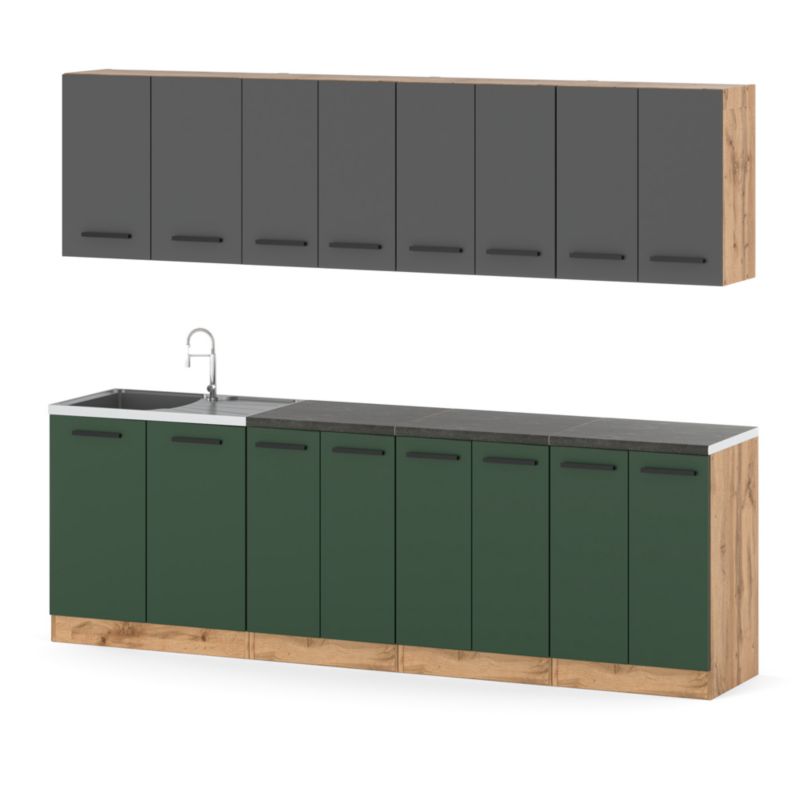 Zestaw Kuchenny Hurtownia-Mebli Z Blatem Kuchnia Vero 260cm Dąb Wotan Szary Mat/Butelkowa Zieleń 260x47x145 cm 1szt.