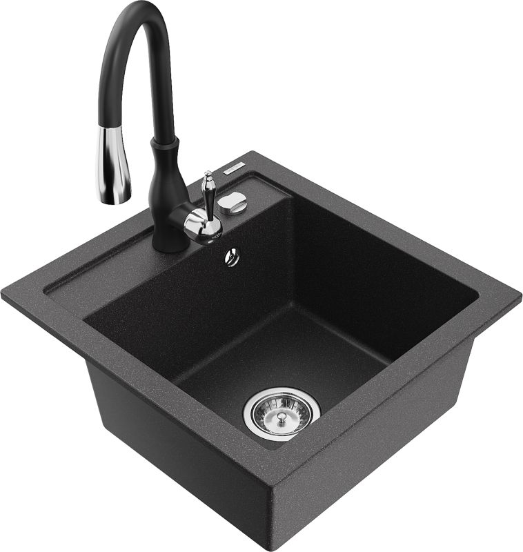 Zlewozmywak granitowy Mexen Vito 1-komorowy z baterią kuchenną Savita czarny 6503-76-672601-70