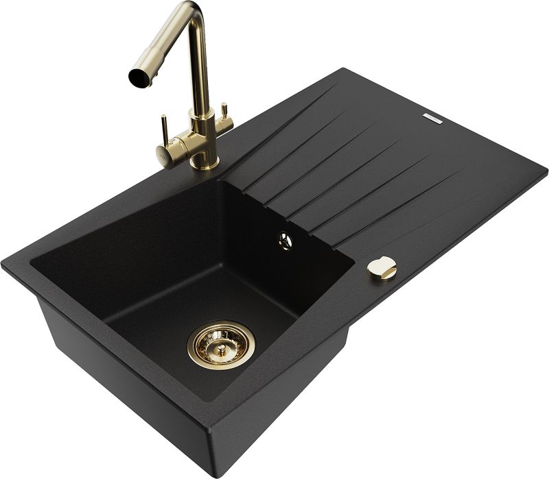 Zlewozmywak granitowy Mexen Cesar 1-komorowy z ociekaczem i baterią kuchenną Duero czarny - 6514-77-671600-50-B 1 szt.