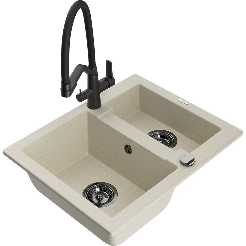 Zlewozmywak granitowy 1.5-komorowy Mexen Carlos z baterią kuchenną Duo biały - 6518-20-671701-70-B 1 szt.