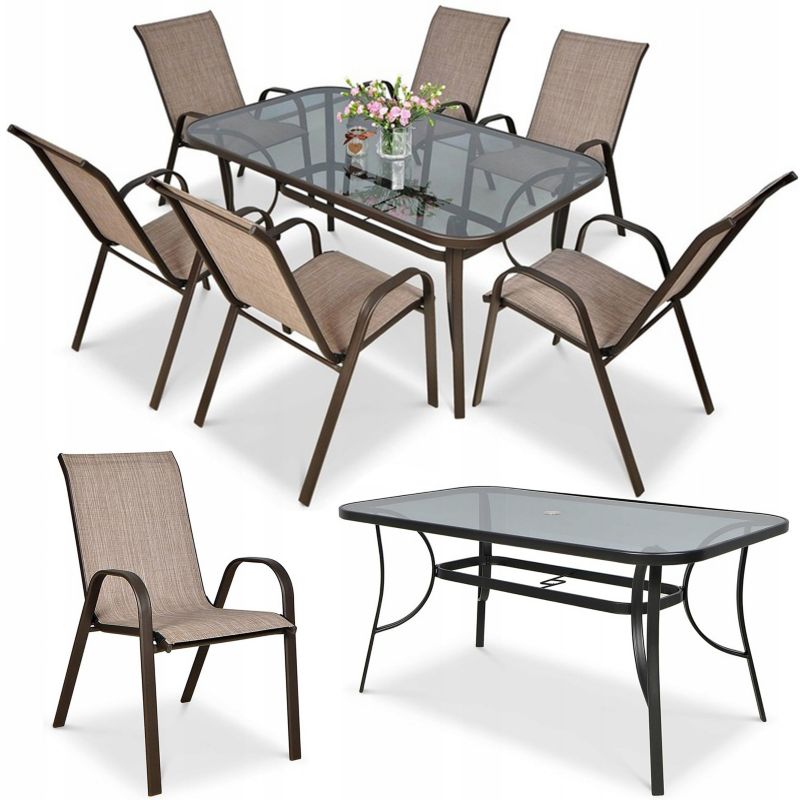 Zestaw Mebli Jadalnianych Ogrodowych STÓŁ 150x90 6x Krzesło BOLOGNA Brąz 1 szt