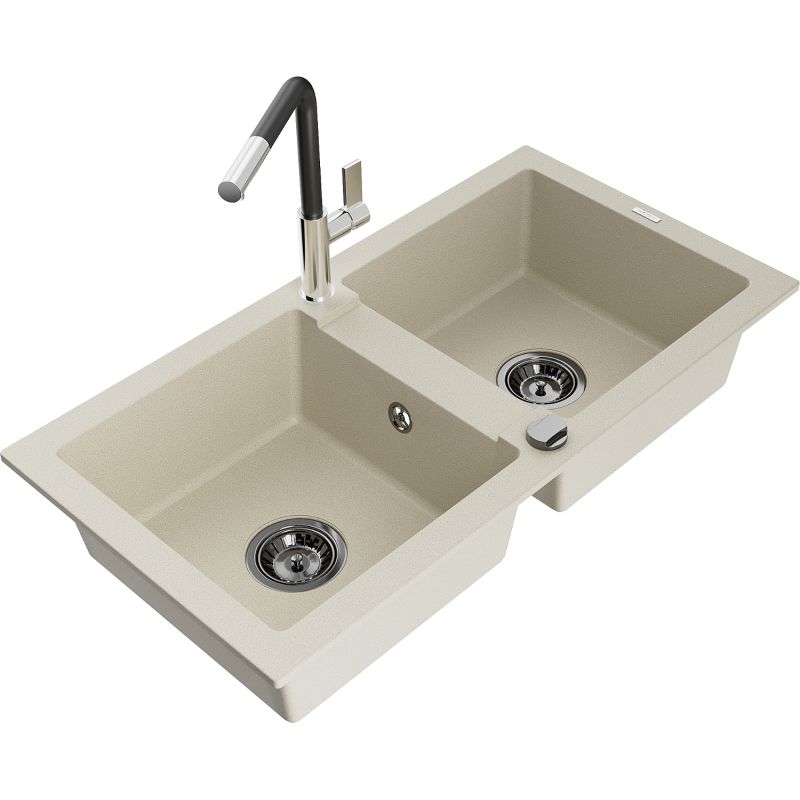 Zlewozmywak granitowy 2-komorowy Mexen Mario z baterią kuchenną Flora beżowy 6504-69-670401-07-B