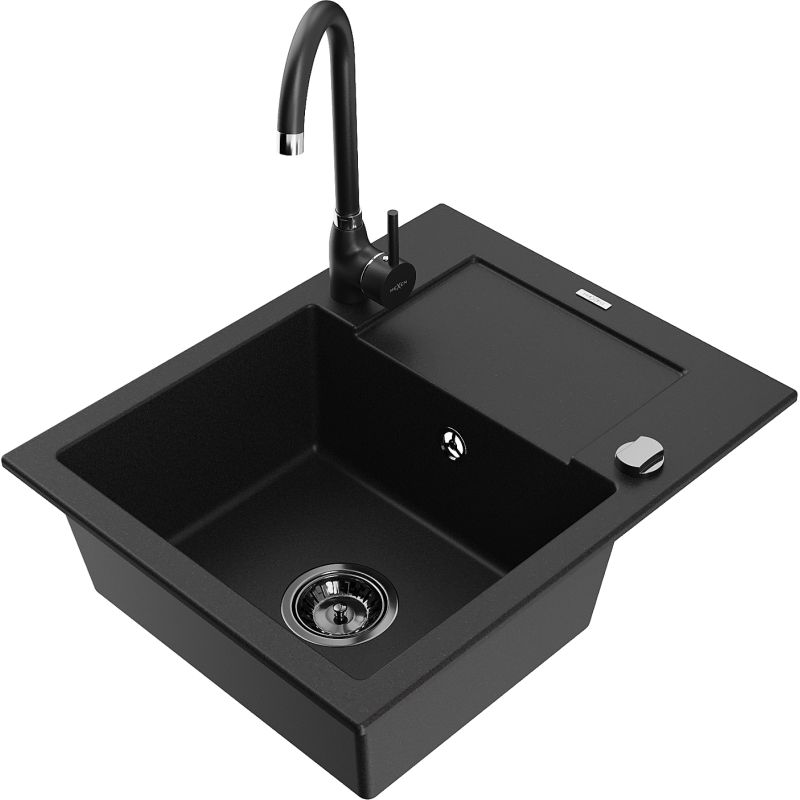 Zlewozmywak granitowy 1-komorowy Mexen Enzo z ociekaczem i baterią kuchenną Telma czarny - 6506-77-670200-50-B 1 szt.