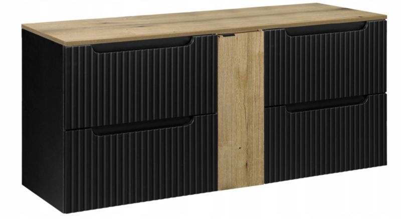 Szafka łazienkowa Furnidea 140 cm wisząca z blatem dąb ryflowane fronty 1 drzwi 4 szuflady Nova Black 1 szt.