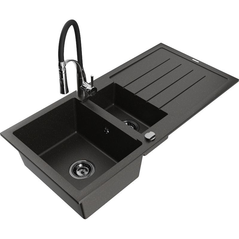 Zlewozmywak granitowy 1.5-komorowy Mexen Andres z ociekaczem i baterią kuchenną Aster czarny/złoty metalik 6515-75-73450-07-B