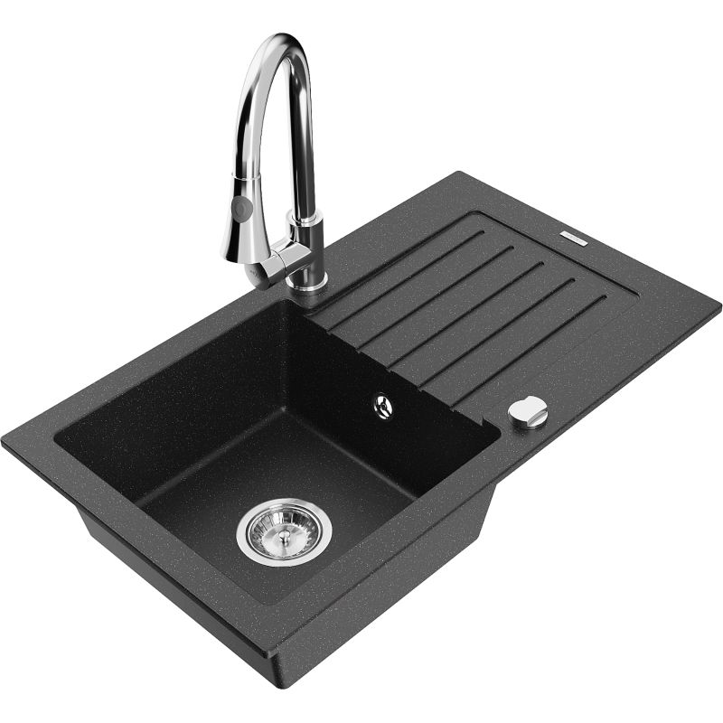 Zlewozmywak granitowy 1-komorowy Mexen Pablo z ociekaczem i baterią kuchenną Elia czarny/srebrny metalik 6510-73-670101-00