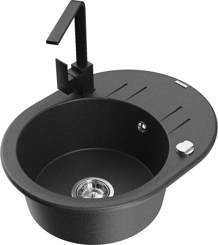 Zlewozmywak granitowy Mexen Kevin 1-komorowy z ociekaczem i baterią kuchenną Rita czarny - 6517-76-670300-70-B 1 szt.