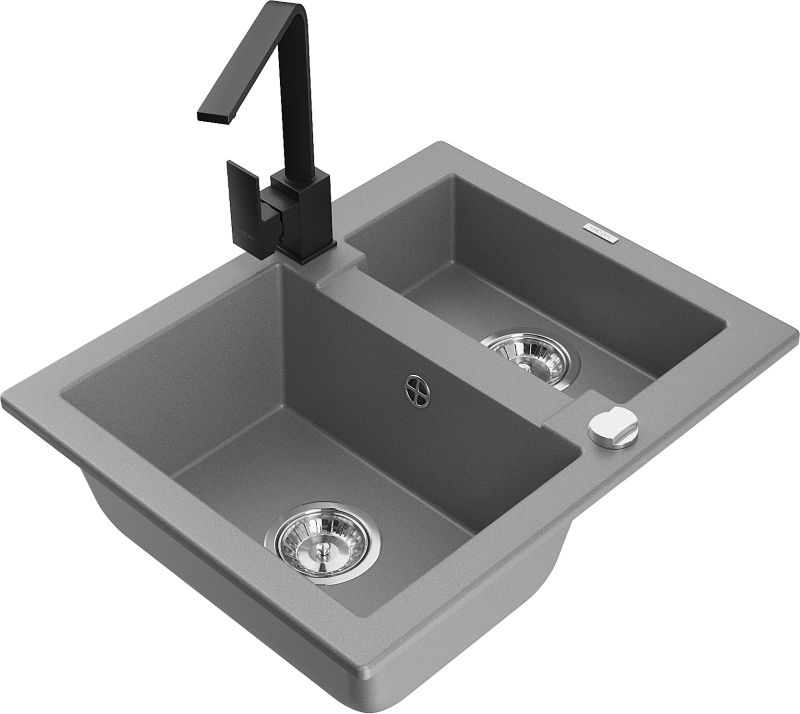 Zlewozmywak granitowy Mexen Carlos 1,5-komorowy z baterią kuchenną Rita szary - 6518-71-670300-70-B 1 szt.
