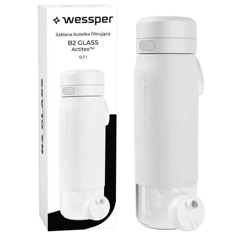 Butelka na wodę, Wessper, filtrująca, szkło borokrzemowe, bidon, z filtrem do wody, 700ml, B2 GLASS Actitex, biała, 1szt