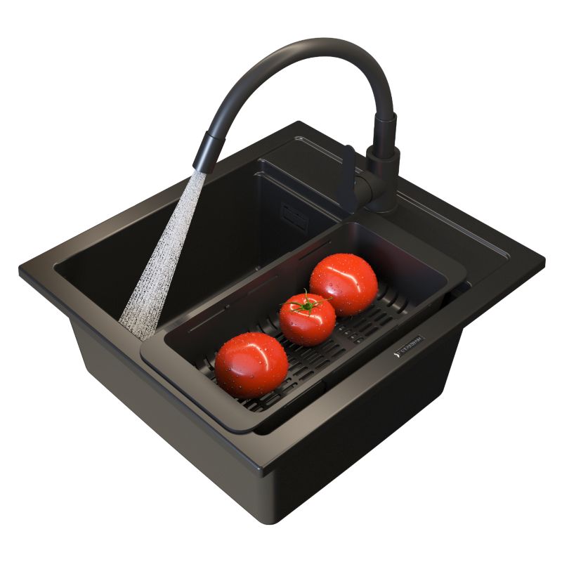 Zlew granitowy kuchenny jednokomorowy STONE M ZESTAW bateria syfon koszyk