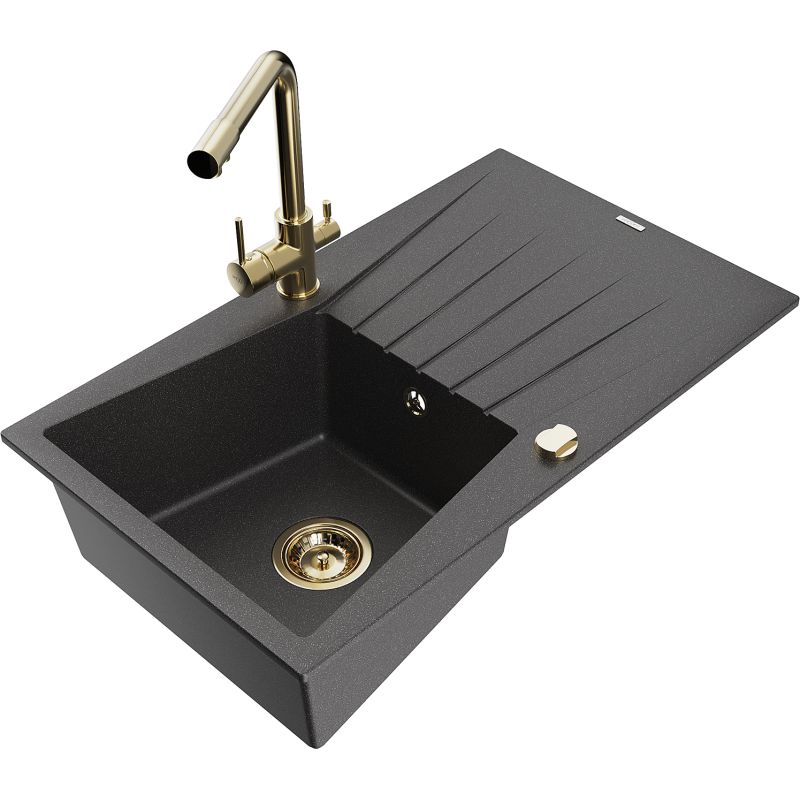 Zlewozmywak granitowy 1-komorowy Mexen Cesar z ociekaczem i baterią kuchenną Duero czarny nakrapiany 6514-76-671600-50