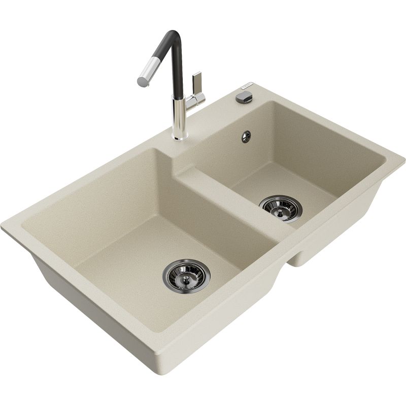 Zlewozmywak granitowy 2-komorowy Mexen Tomas z baterią kuchenną Flora beżowy 6516-69-670401-07-B
