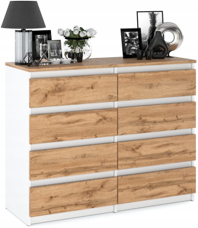 Duża Komoda Z 8 Szufladami Stiv-Meble Biały Mat Dąb Wotan Szafka 120X33,5X92,5 Cm 1Szt.