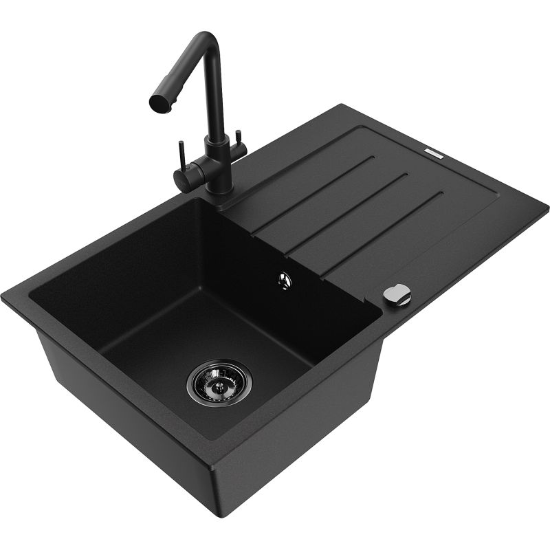 Zlewozmywak granitowy 1-komorowy Mexen Bruno z ociekaczem i baterią kuchenną Duero czarny 6513-77-671600-70-B