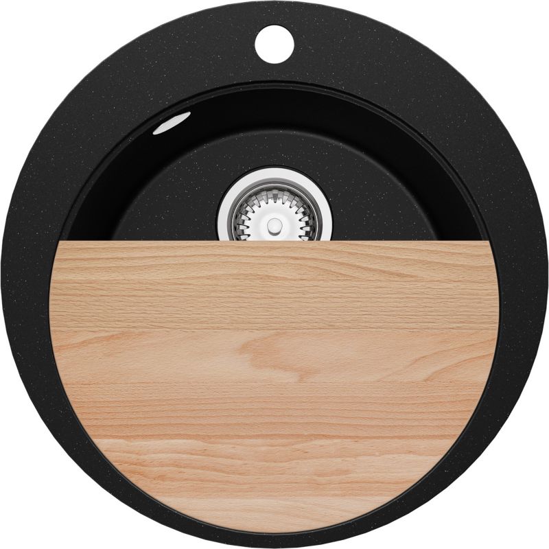 Zlewozmywak Okrągły Piza PRIMAGRAN Nablatowy 50x50cm do szafki od 45cm, Czarny Metalik + Syfon + Deska, S030, 1 szt.