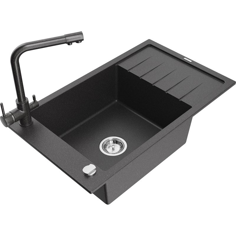 Zlewozmywak granitowy 1-komorowy Mexen Elias z ociekaczem i baterią Duero czarny/srebrny metalik - 6511-73-671600-70 1 szt.