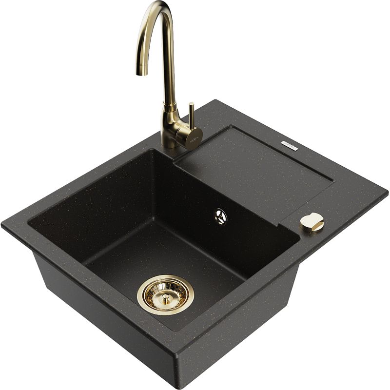 Zlewozmywak granitowy 1-komorowy Mexen Enzo z ociekaczem i baterią kuchenną Telma czarny/złoty 6506-75-670200-50