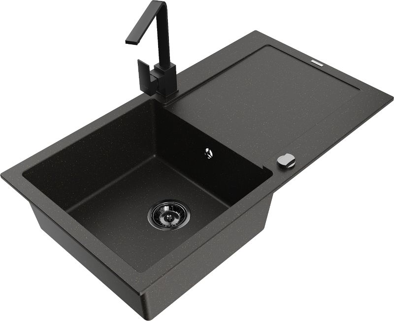 Zlewozmywak granitowy Mexen Leo 1-komorowy z ociekaczem i baterią kuchenną Rita czarny/złoty - 6501-75-670300-70 1 szt.