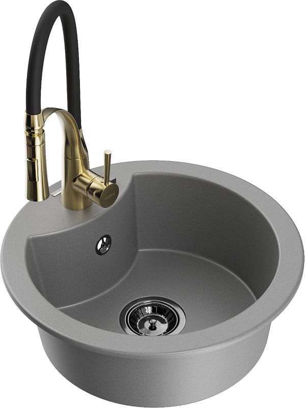 Zlewozmywak granitowy Mexen Diego 1-komorowy z baterią kuchenną Aster szary 6512-71-73450-57-B