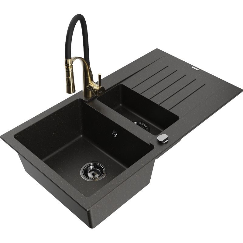 Zlewozmywak granitowy 1.5-komorowy Mexen Matias z ociekaczem i baterią kuchenną Aster czarny/złoty metalik 6502-75-73450-57-B