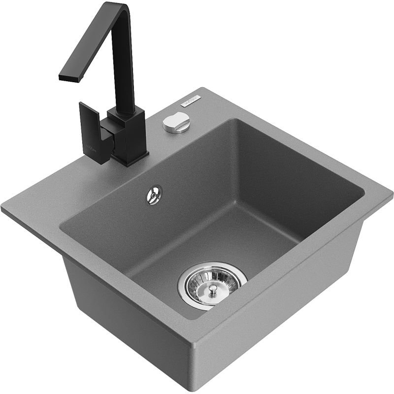 Zlewozmywak granitowy 1-komorowy Mexen Milo z baterią kuchenną Rita szary - 6505-71-670300-70-B 1 szt.