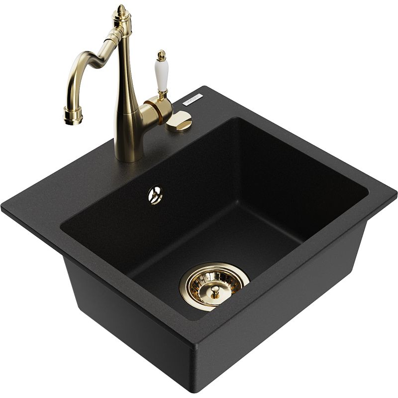 Zlewozmywak granitowy 1-komorowy Mexen Milo z baterią kuchenną Carla czarny - 6505-77-670700-00 1 szt.