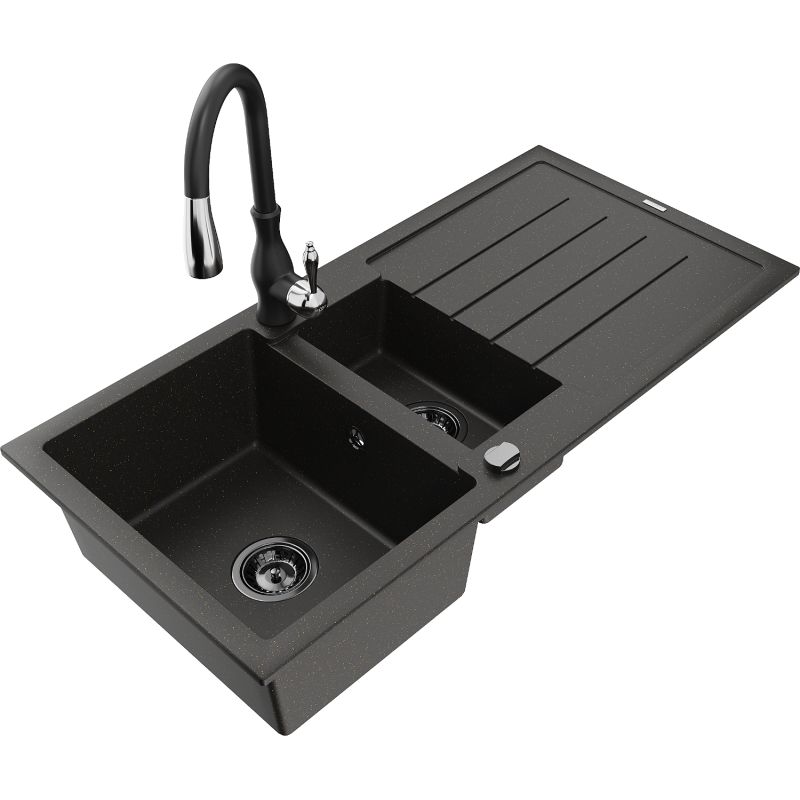 Zlewozmywak granitowy 1.5-komorowy Mexen Andres z ociekaczem i baterią Savita czarny/złoty metalik - 6515-75-672601-00 1 szt.