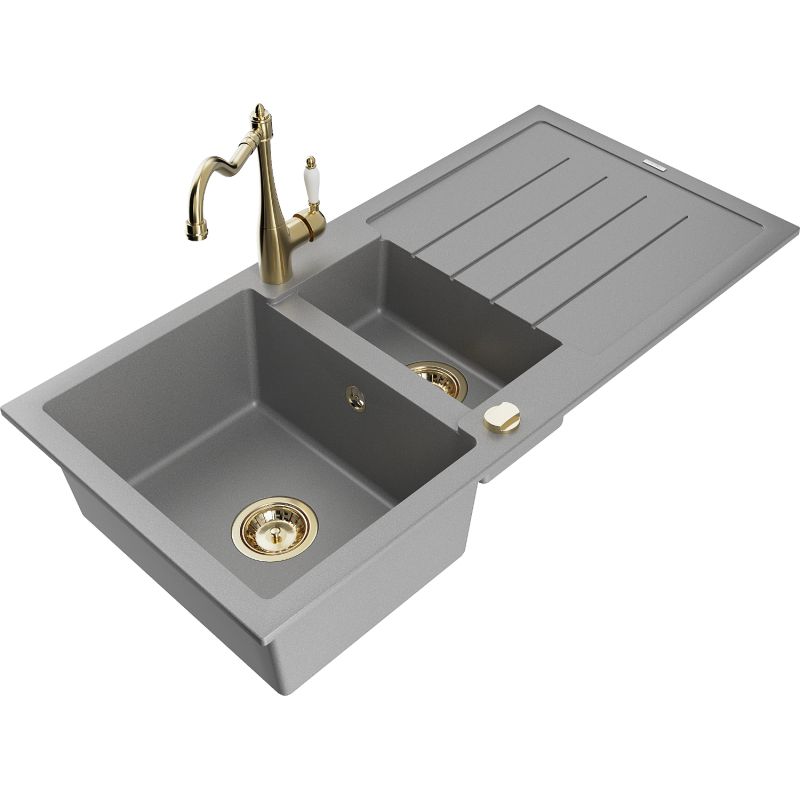 Zlewozmywak granitowy 1.5-komorowy Mexen Andres z ociekaczem i baterią kuchenną Carla szary 6515-71-670700-50
