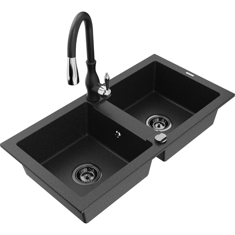 Zlewozmywak granitowy 2-komorowy Mexen Mario z baterią kuchenną Savita czarny/złoty metalik - 6504-75-672601-00 1 szt.