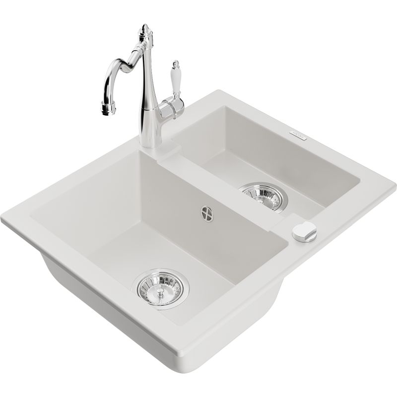 Zlewozmywak granitowy 1.5-komorowy Mexen Carlos z baterią kuchenną Carla biały 6518-20-670700-00