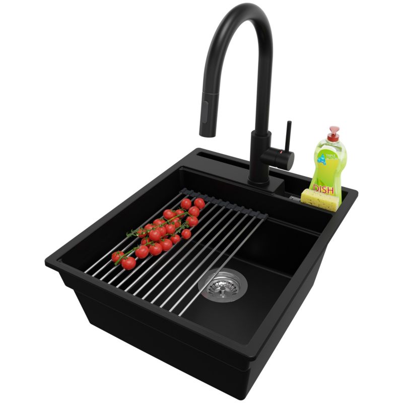 Zlewozmywak Granitowy Oslo Pocket PRIMAGRAN Nablatowy 43x53cm do szafki od 45cm z Syfonem i Baterią i Dodatkiem Czarny 1 szt.