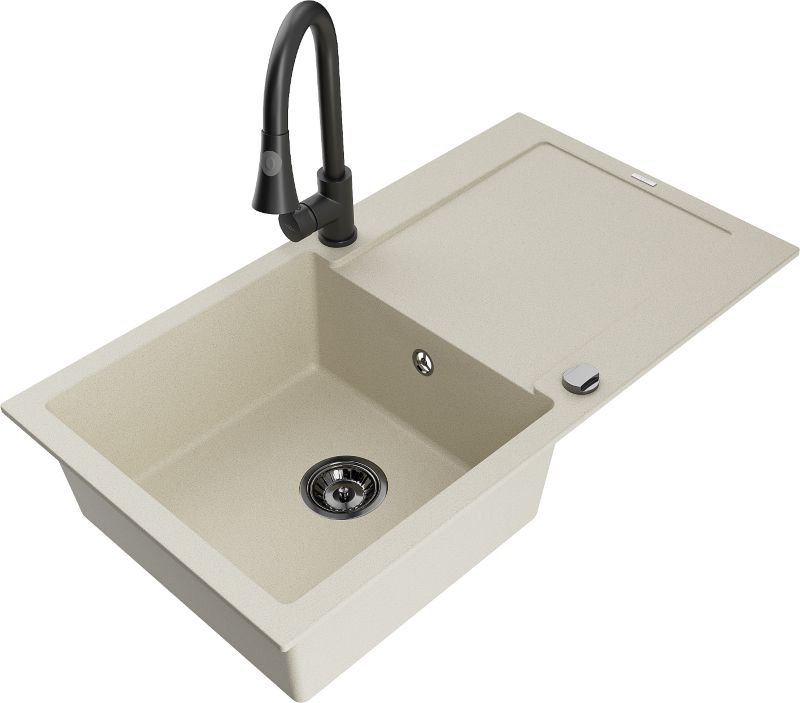 Zlewozmywak granitowy Mexen Leo 1-komorowy z ociekaczem i baterią kuchenną Elia biały - 6501-20-670101-00 1 szt.