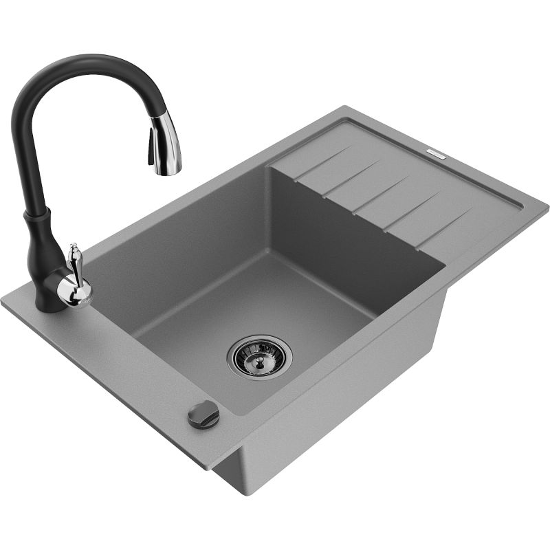 Zlewozmywak granitowy 1-komorowy Mexen Elias z ociekaczem i baterią kuchenną Savita szary 6511-71-672601-70-B