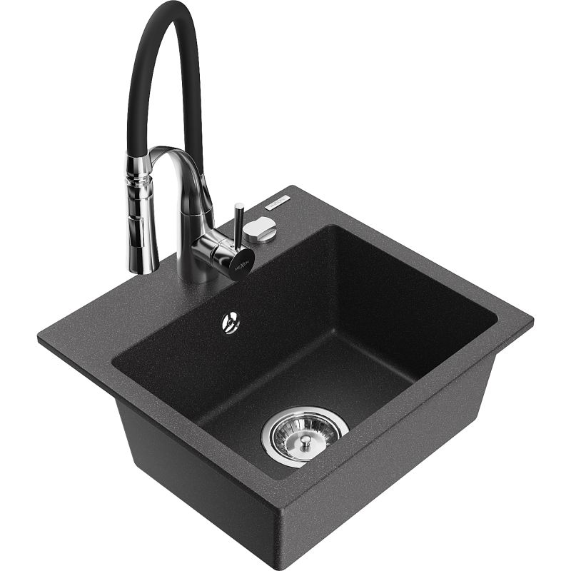Zlewozmywak granitowy 1-komorowy Mexen Milo z baterią kuchenną Aster czarny nakrapiany 6505-76-73450-07