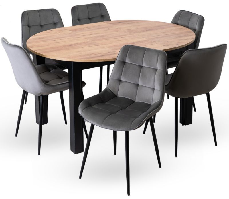 Zestaw Stół i 6 Krzeseł Mebel Elite Harry 102-142 cm Dąb Craft/Czarny i Chris Szare Welurowe 1 kpl