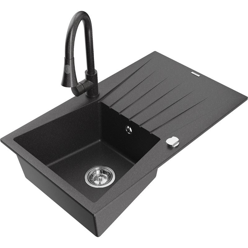 Zlewozmywak granitowy 1-komorowy Mexen Cesar z ociekaczem i baterią Elia czarny/srebrny metalik - 6514-73-670101-70 1 szt.